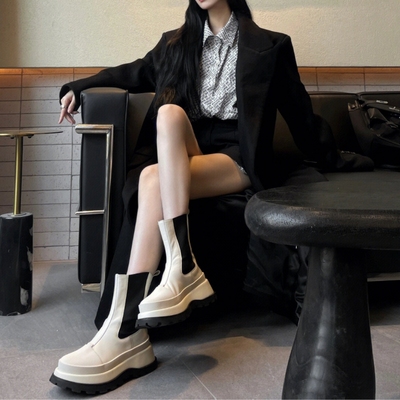 taobao agent Martens, black and white sole, chelsea platform, high low boots