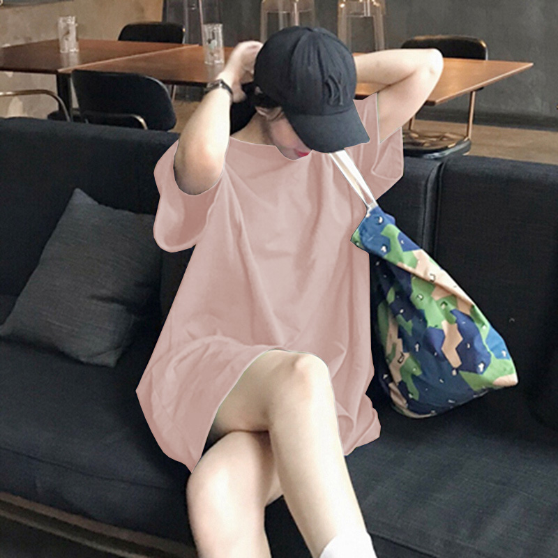 牛油果绿宽松中长款纯色短袖t恤女2025新款ins时尚夏季上衣服洋气