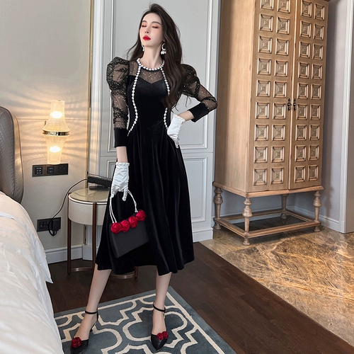 Ретро зимнее платье, корсет, длинная длинная юбка, французский стиль, круглый воротник, рукава фонарики, А-силуэт