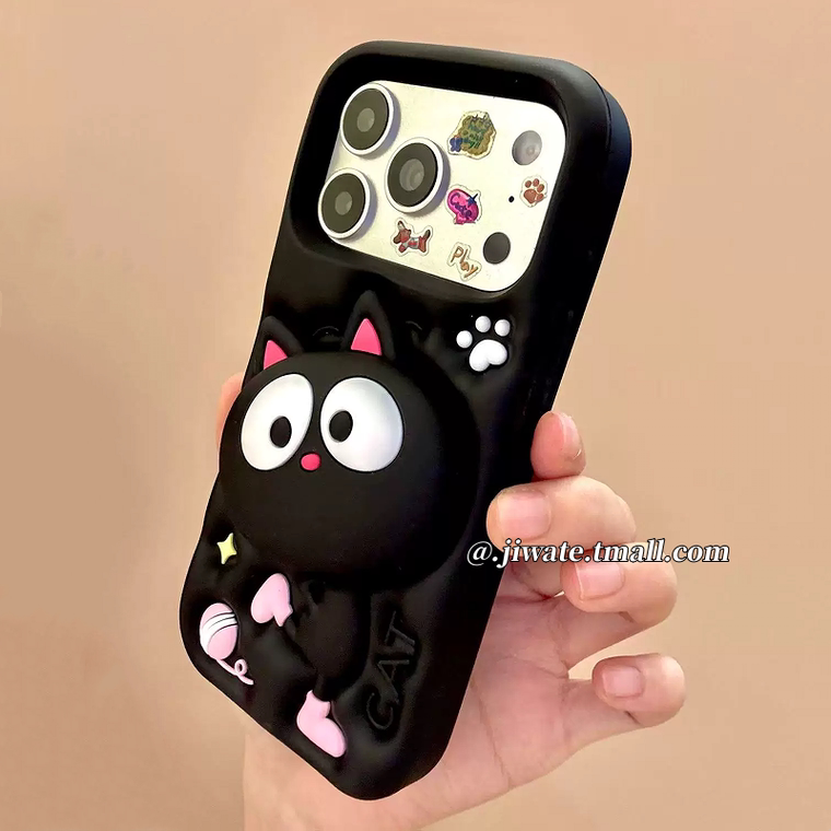 Cartoon Black Cat Raised Stand iPhone Case