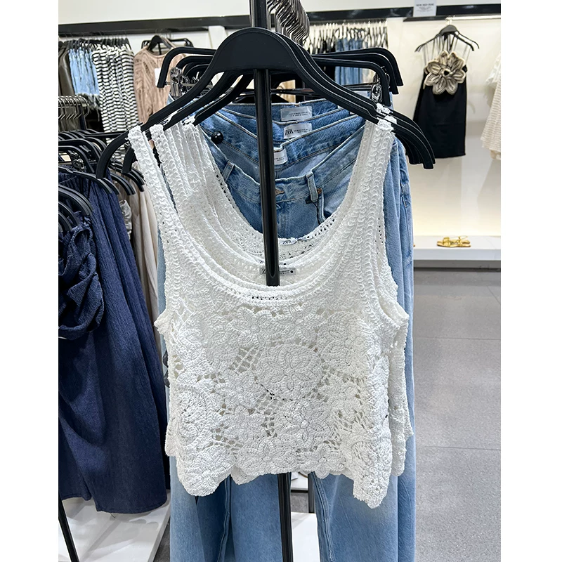 Zara, летняя милая вязанаяcrochet? топ с чашками, майка без рукавов, цветочный