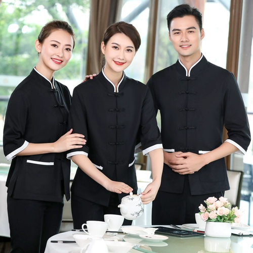 Китайский ресторан ресторан ресторана официант рабочая одежда летом в середине летнего рукава вычет ретро -арт -здание шеф -повар