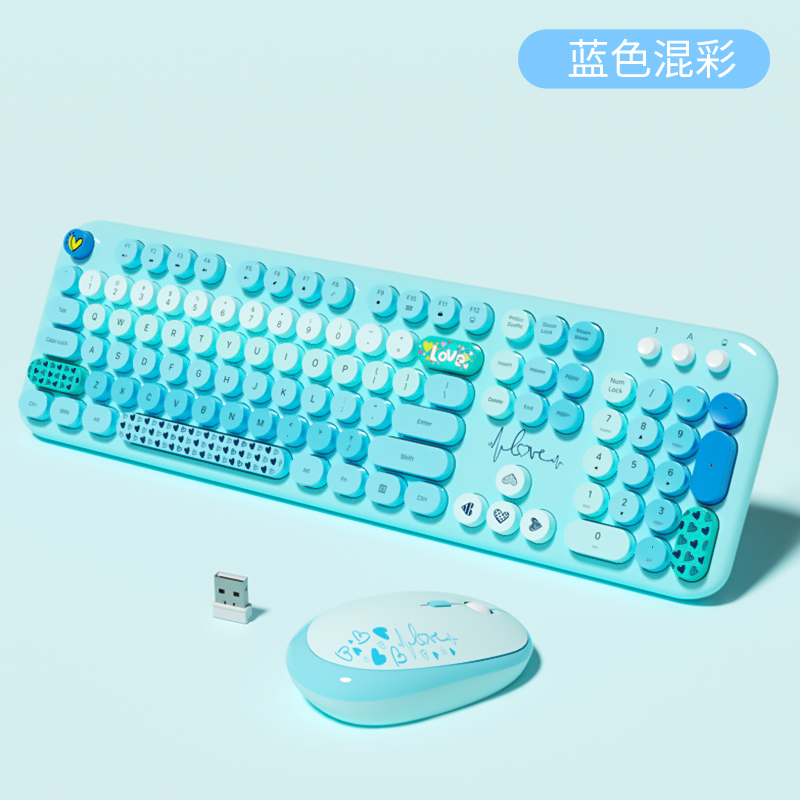 MOFii Teclado e Mouse LOVELY, Sem fio USB de 2,4 G, Teclas redondas Multicoloridas, Estilo máquina de escrever, Cores fofas, 104 teclas – Azul