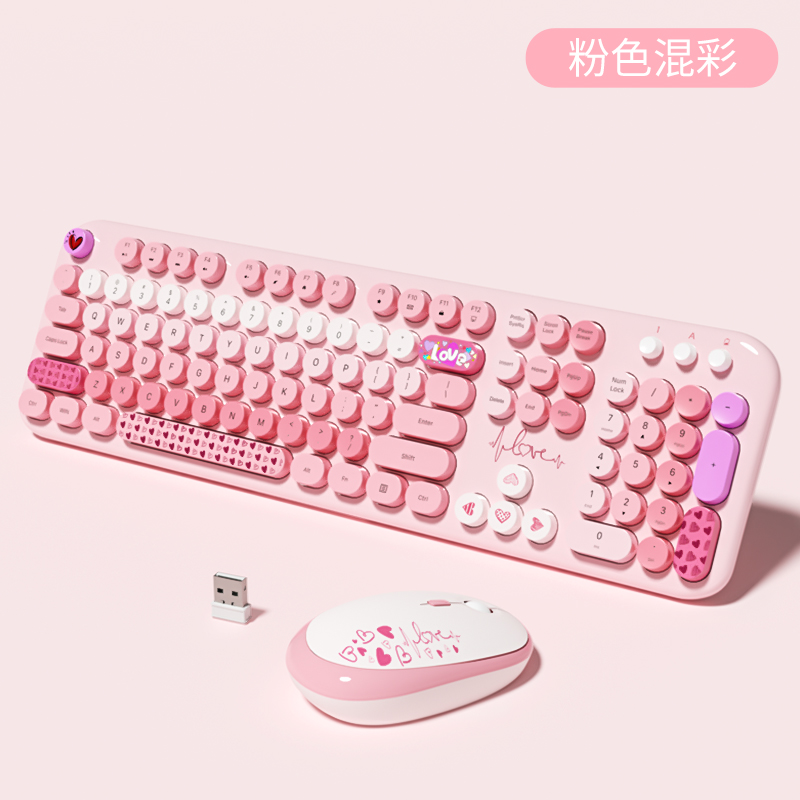 MOFii Teclado e Mouse LOVELY, Sem fio USB de 2,4 G, Teclas redondas Multicoloridas, Estilo máquina de escrever, Cores fofas, 104 teclas – Rosa