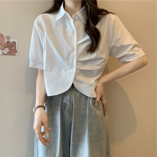 Летняя небольшая дизайнерская базовая короткая рубашка, тренд сезона, воротник поло, в западном стиле, короткий рукав