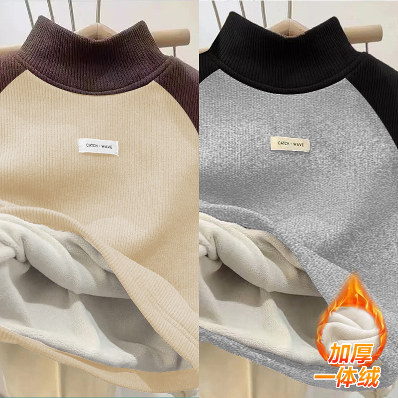 2025秋冬季儿童加绒加厚男童女童德绒打底衫T恤半高领一体绒上衣