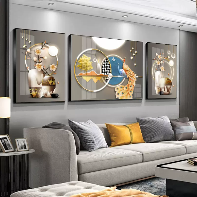 客厅装饰画现代轻奢沙发背景墙后面挂画北欧风三联画福鹿晶瓷壁画-Taobao