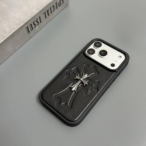 Dark Synthetic Leather Metal 3D Embossed Cross Stitched Pattern Phone – Pro/Plus/Max/Air – 17, 16, 15, 14, 13, 12 iPhone Case