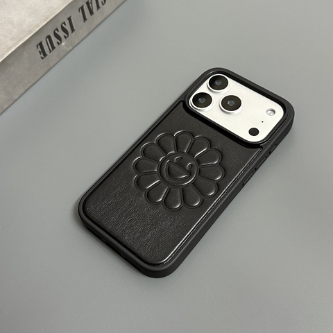 Embossed Smiley Flower Leather Diary with Lanyard Strap iPhone Case