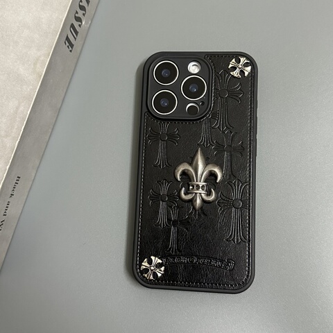 Chrome Hearts Black Leather Cross Pattern iPhone Case