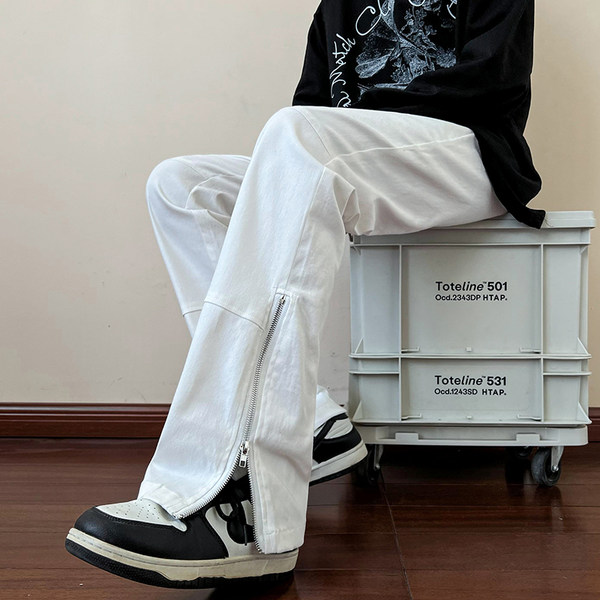 Белые сексуальные штаны с молнией, на молнии, свободный прямой крой