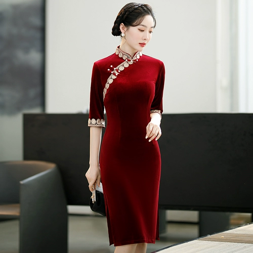 Бордовое бархатное осеннее ретро ципао, лонгслив для матери, длинное элегантное платье, с рукавом