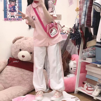 taobao agent Summer cute Japanese soft white sports jeans, fitted, drawstring