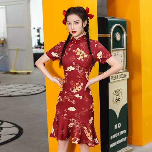 Красное легкое ципао, платье, крой «рыбий хвост», 2024 года, светлый стиль, подходит для подростков