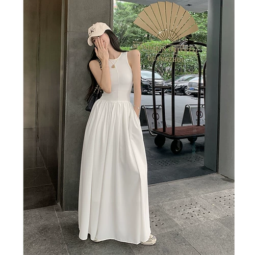 Белое летнее платье без рукавов, длинная юбка, 2022, по фигуре, французский стиль, изысканный стиль