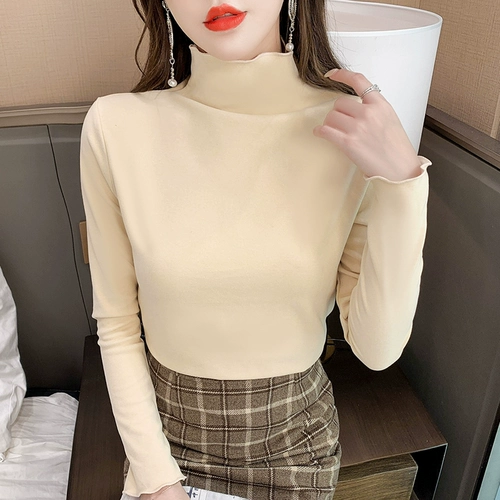 Двусторонний бархатный приятный телу демисезонный белый флисовый лонгслив, высокий воротник, в западном стиле