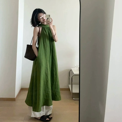 Расширенное зеленое летнее платье, длинная юбка, французский стиль, изысканный стиль
