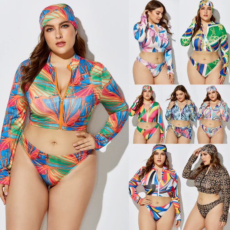 Print Bikini Three-Piece Set large-size split swimsuit three-piece three-piece female triangular scarf