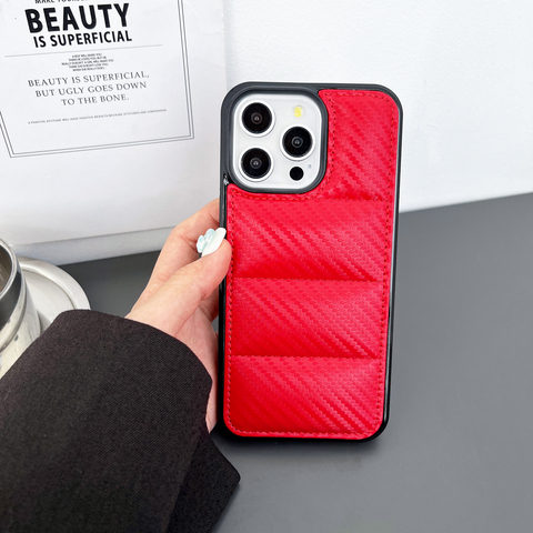 Red — Carbon Fiber Pattern Luxury High End Premium Puffy Puffer Down Jacket Minimal Plus/Pro/Max – 16, 15, 14, 13, 12 iPhone