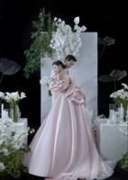 Розовое длинное свадебное платье+головной убор
