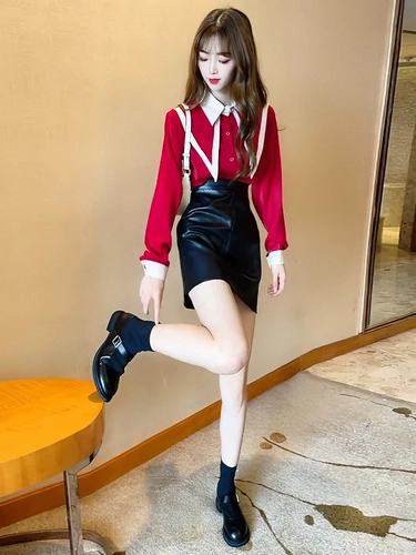 Комплект, рубашка, полиуретановая юбка, популярно в интернете, в западном стиле, коллекция 2021, по фигуре, с акцентом на бедрах