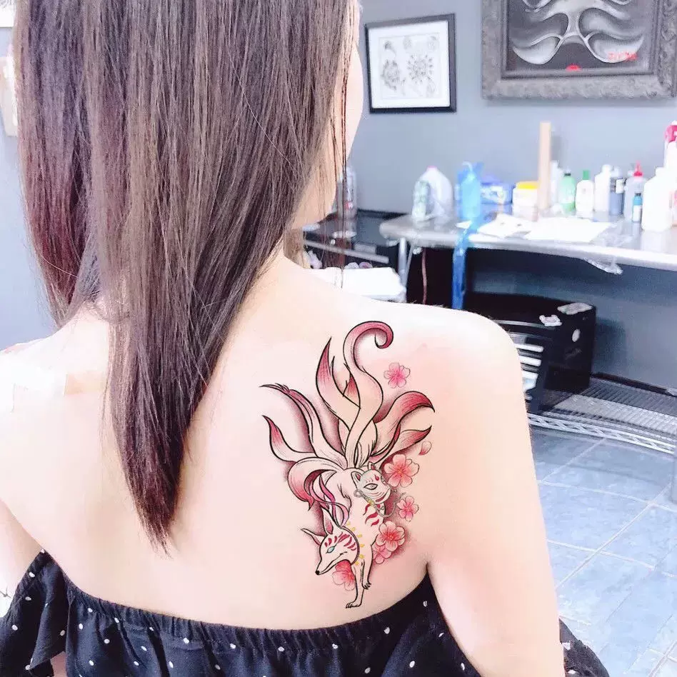 狐狸纹身贴女社会九尾狐花腿浮世绘ins男文身纹身贴防水持久彩绘