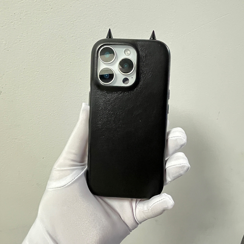 Urban Sophistication Textured Leather – Black & White, "Devil Ears" Design Pro/Plus/Max/Air – 16, 15, 14, 13 iPhone Case
