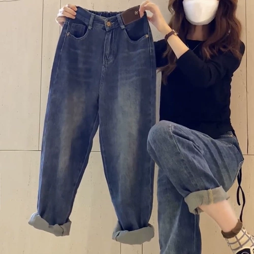 Штаны, демисезонные джинсы, эластичные леггинсы, большой размер, для формы тела «груша», свободный крой, по фигуре