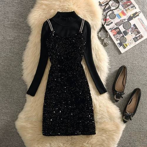 Осенние блестки для ногтей, платье, свитер, комплект, свободный крой, французский стиль, подходит для подростков