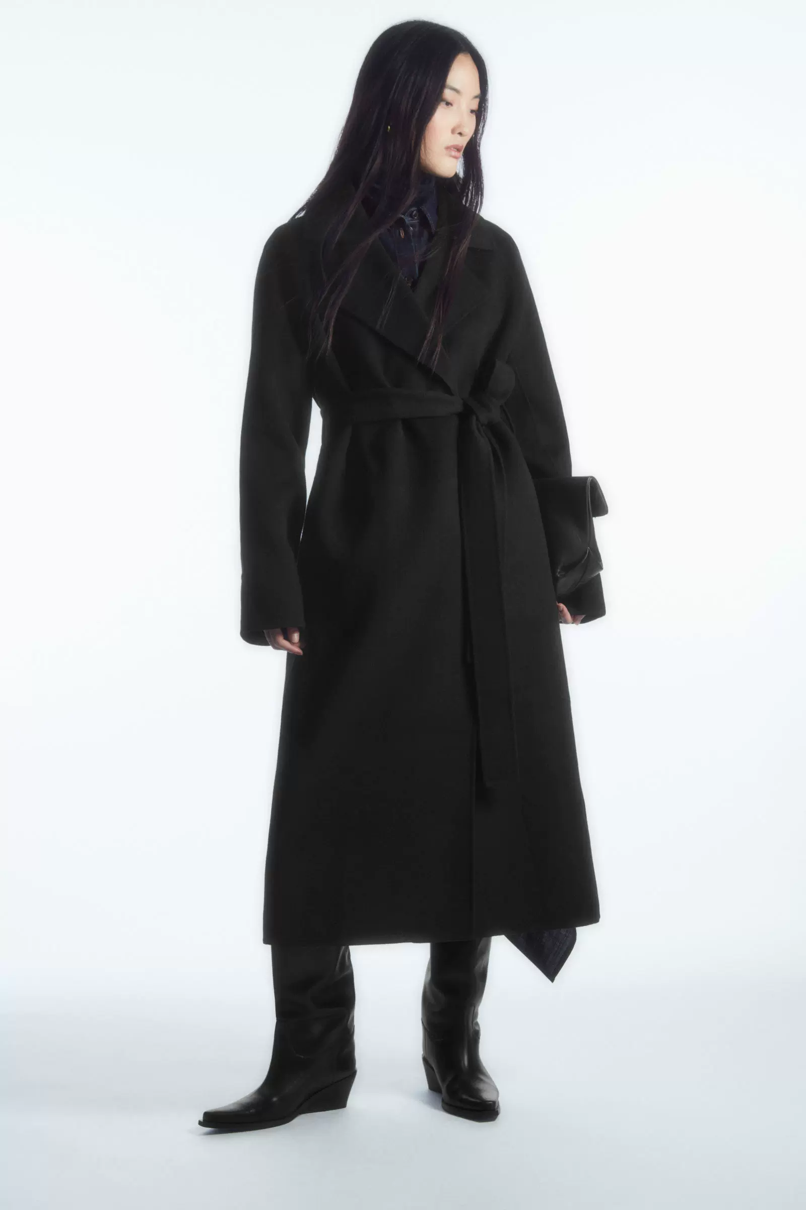 COS女装秋冬新品休闲版型立领暗门襟羊毛大衣外套黑色1032645001-Taobao