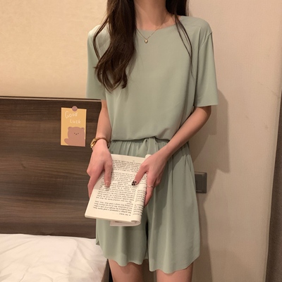 印花冰丝睡衣女夏天2023新款高级短袖短裤家居服套装卡特简约