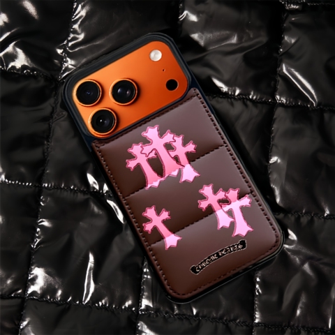 Chrome Hearts Puffer 17 Pro Max/16 Pro/15/14 Pro Max Leather – Designer Orange With Crosses & Card Holder iPhone Case