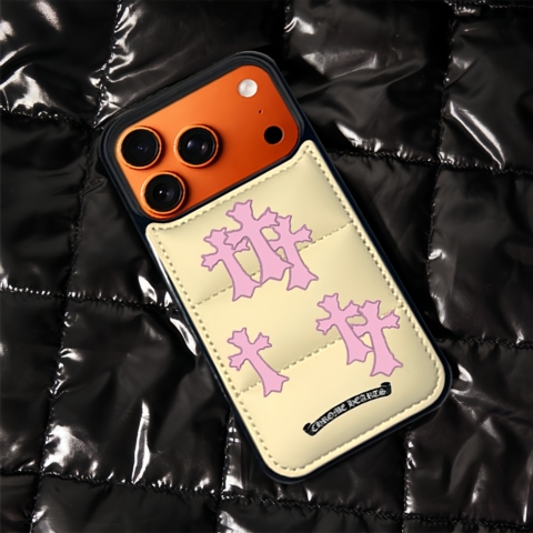 Chrome Hearts Puffer 17 Pro Max/16 Pro/15/14 Pro Max Leather – Designer Orange With Crosses & Card Holder iPhone Case