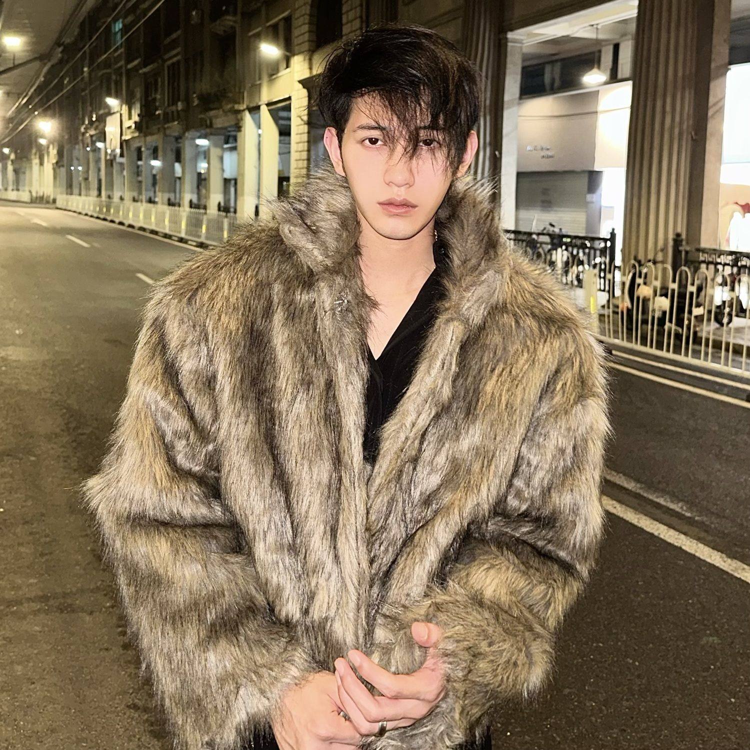 Men's Warm Thickened Fox Fur Jacket Fashion Fur Coat Loose Casual
