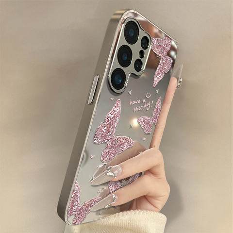 Pink Glitter Butterfly Mirror For Girls S25, S25 Plus, S25 Ultra, S24, S24 Plus, S24 Ultra, S23, S23 Plus, S23 Ultra Samsung