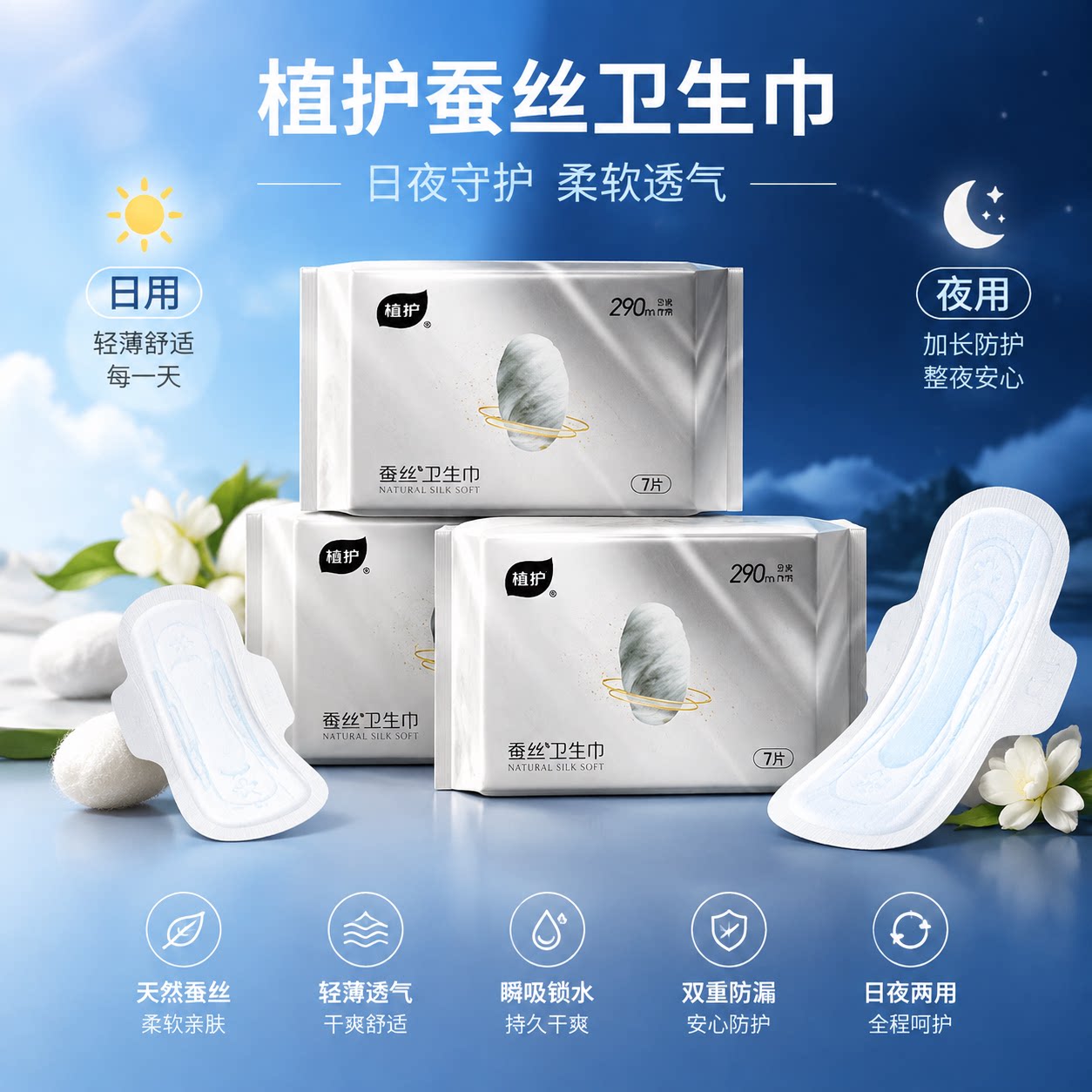 拍8包！80片植护蚕丝卫生巾