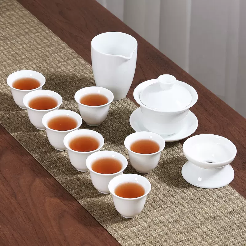 高白瓷功夫茶具套装家用会客盖碗茶杯陶瓷防烫泡茶杯整套送礼定制