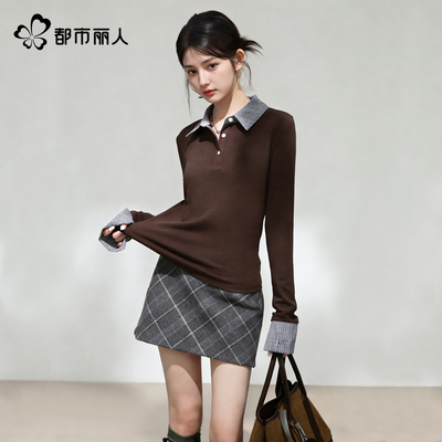 都市丽人假两件长袖t恤女新款