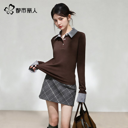 都市丽人假两件长袖t恤女冬季2