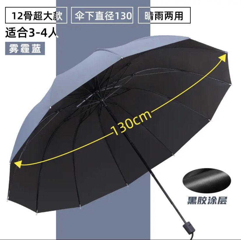 今日必买：超大号加厚手动折叠黑胶晴雨伞 130CM  21.7元 