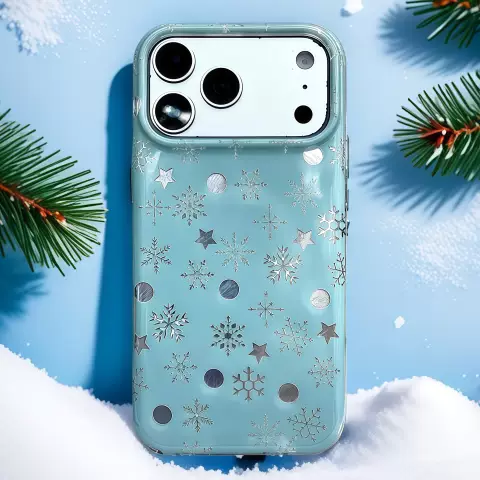 Light Blue Winter Snowflakes Stars Polka Dot Girls Metallic Silver Phone Case for iPhone 17, 16, 15, 14 and 13