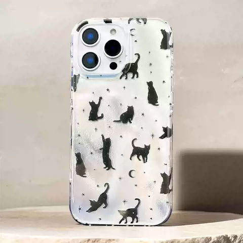 Clear Iridescent Sparkle Black Cat Silhouette MagSafe Phone Case for iPhone 17, 16, 15, 14 and 13