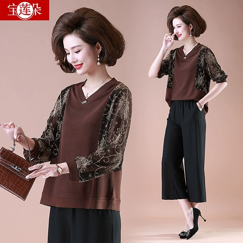 Весенняя трикотажная футболка для матери, кружевная летняя одежда для пожилых людей, комплект, в западном стиле, для среднего возраста