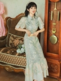 Свежее ципао, ретро кружевное платье, китайский стиль, с вышивкой, светлый стиль