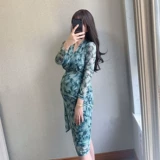 Летнее эластичное длинное платье большого размера для беременных, длинный рукав, цветочный принт, V-образный вырез, свободный крой, средней длины