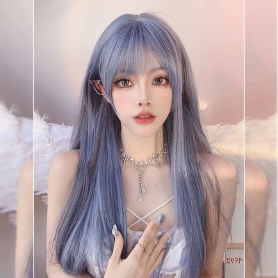 taobao agent Wig female long hair air bangs, gray blue long straight hair wig lolita natural simulation full headset