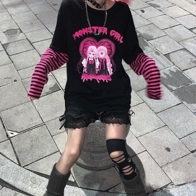 taobao agent Monster Girl Original Printed long -sleeved T -shirt Japanese Niche Loose Spring and Autumn Yabi Jacket Sweet Girl