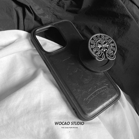Chrome Hearts Black Leather Metal Cross iPhone Case