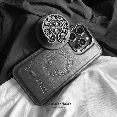Chrome Hearts Black Leather Metal Cross iPhone Case