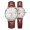 A pair of rose gold shell, white face, brown strap couple watches